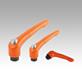 Clamping levers, die-cast zinc, with internal thread and protective cap, pure orange satin finish, threaded insert black oxidised steel