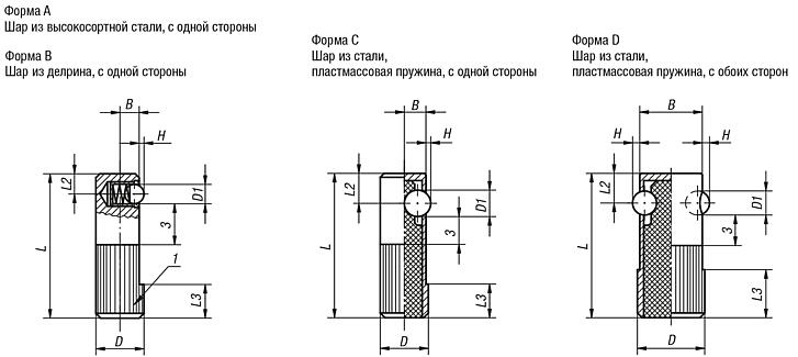 Упоры боковые пружинные, из стали, с шаром из пластмассы, стали или нержавеющей стали,