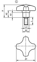 Крестообразные рукоятки из пластмассы, с выступающей стальной втулкой, форма L: наружная резьба