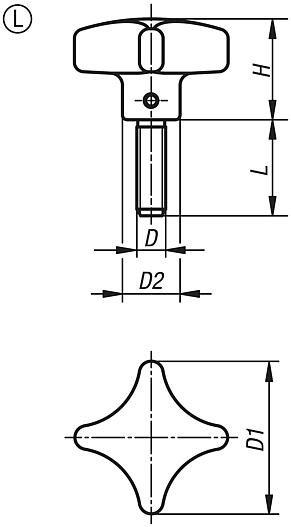 Рукоятки крестообразные, DIN 6335, из чугуна, форма L, с наружной резьбой