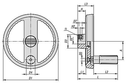 Маховики с 2 спицами из алюминия, с вращающейся цилиндрической ручкой, форма A, с калибровым и поперечным отверстием