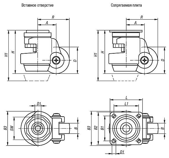 Подъемные ролики со встроенной стопорной опорой вставным отверстием или привинчиваемой пластиной